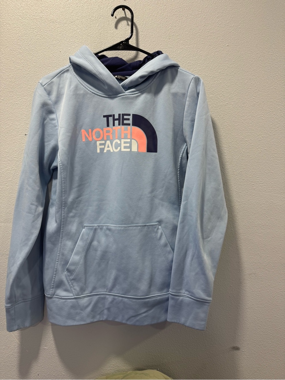 The North Face Men's Light Blue Zip Hoodie with Navy and Pink Logo